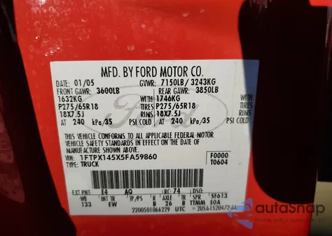 2005 Ford F150 z USA, uszkodzony, nr VIN 1FTPX145X5FA59860